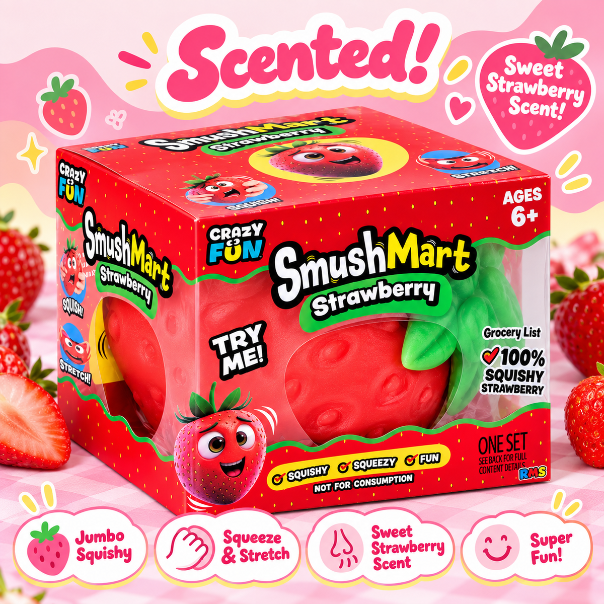 SmushMart Strawberry Scented Squishy – Jumbo Strawberry Sensory Stress Toy